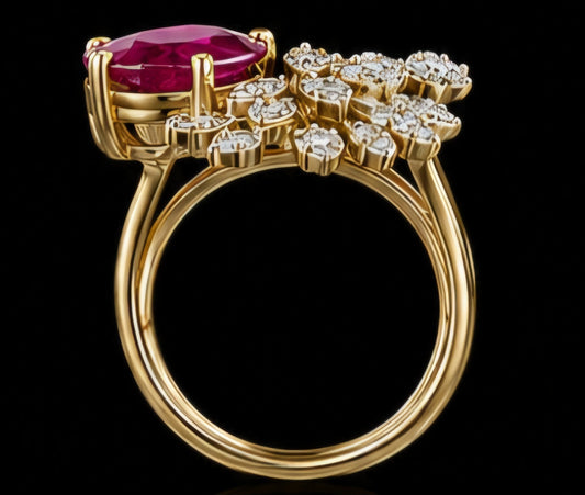 Ruby & Diamond Nature-Inspired Open Ring in Yellow Gold