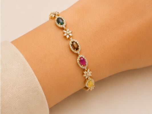 Navratna Floral Gemstone Gold Bracelet