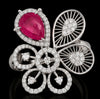 Pear Ruby & Diamond Floral Statement Ring in White Gold