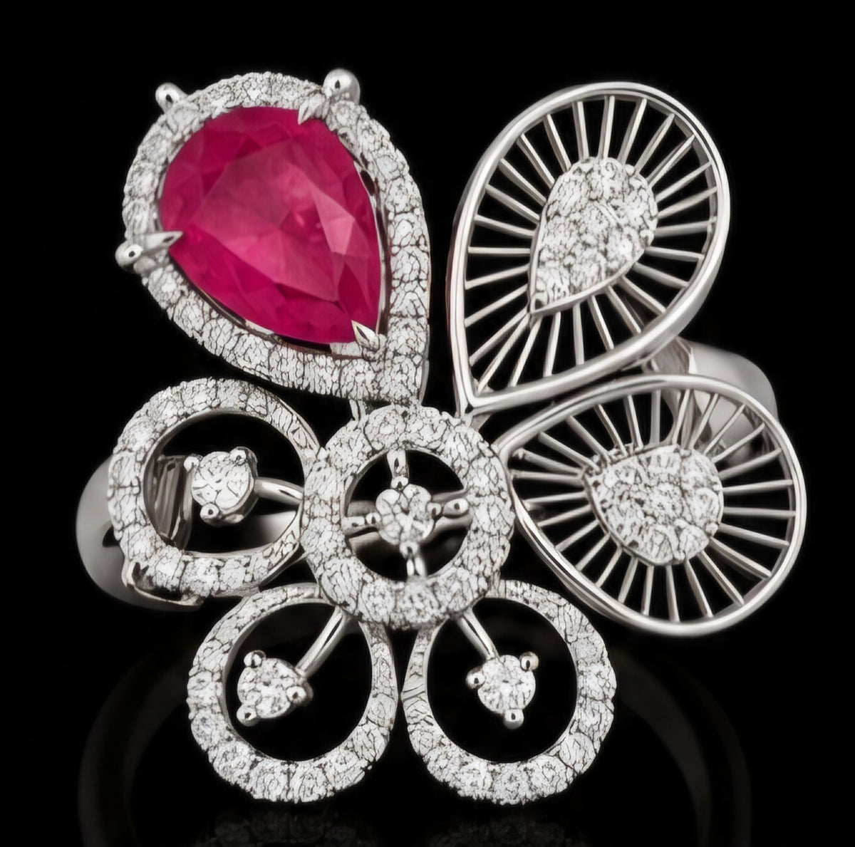 Pear Ruby & Diamond Floral Statement Ring in White Gold