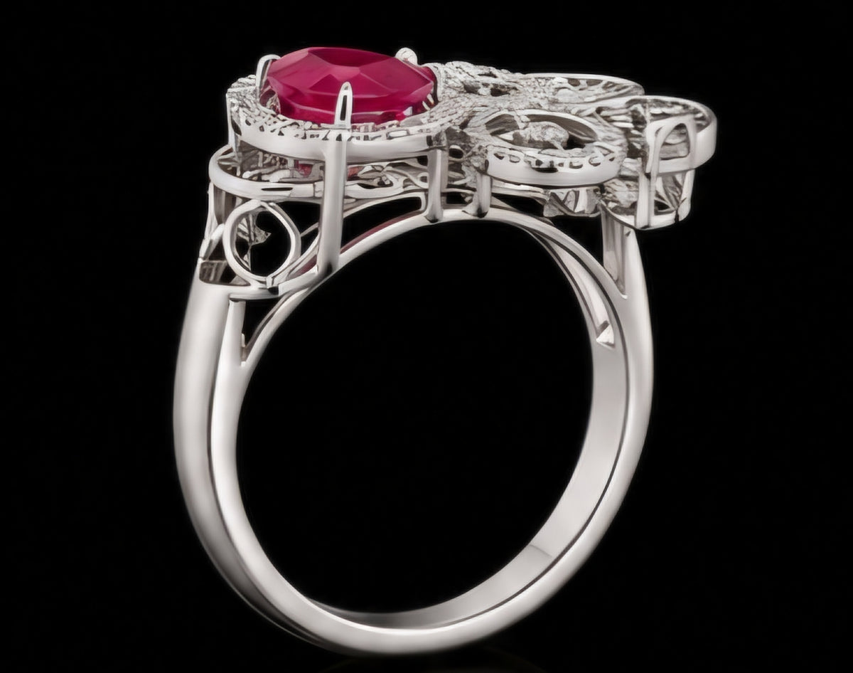 Pear Ruby & Diamond Floral Statement Ring in White Gold