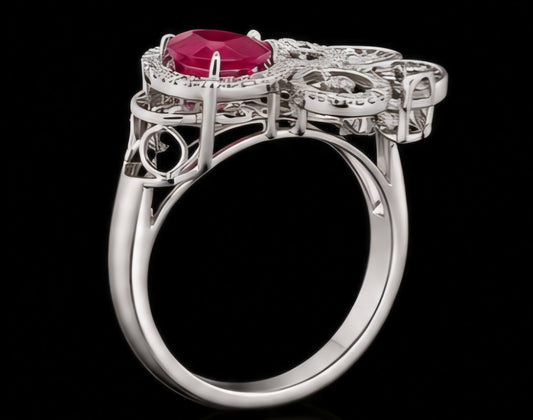 Pear Ruby & Diamond Floral Statement Ring in White Gold
