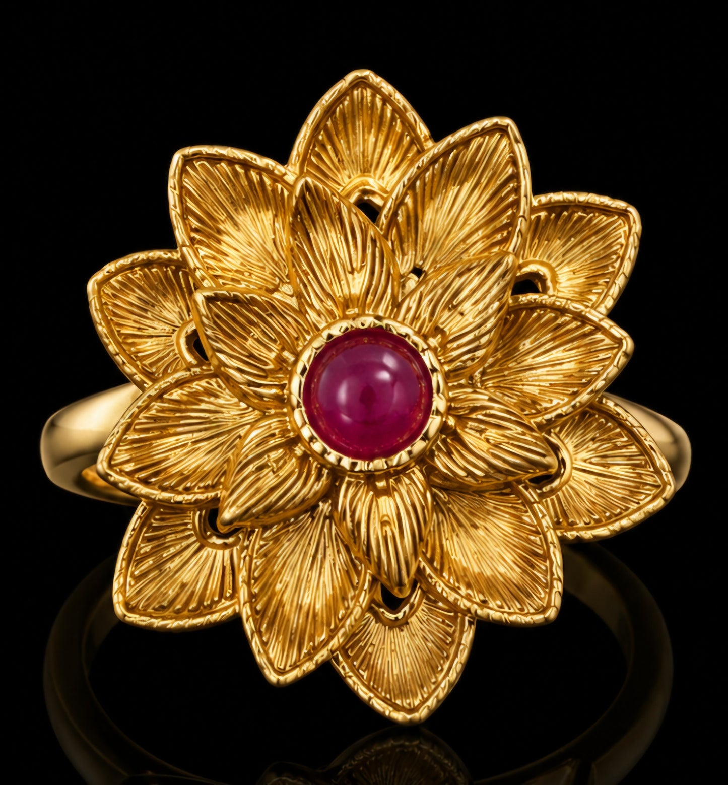 Blooming Lotus Gold Statement Ring with Ruby Cabochon