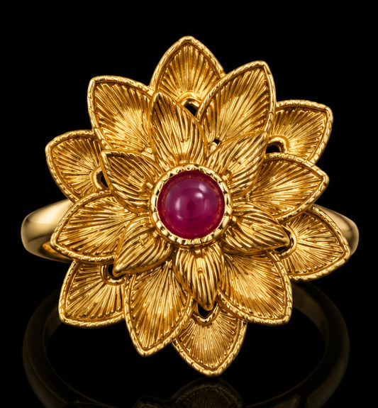 Blooming Lotus Gold Statement Ring with Ruby Cabochon