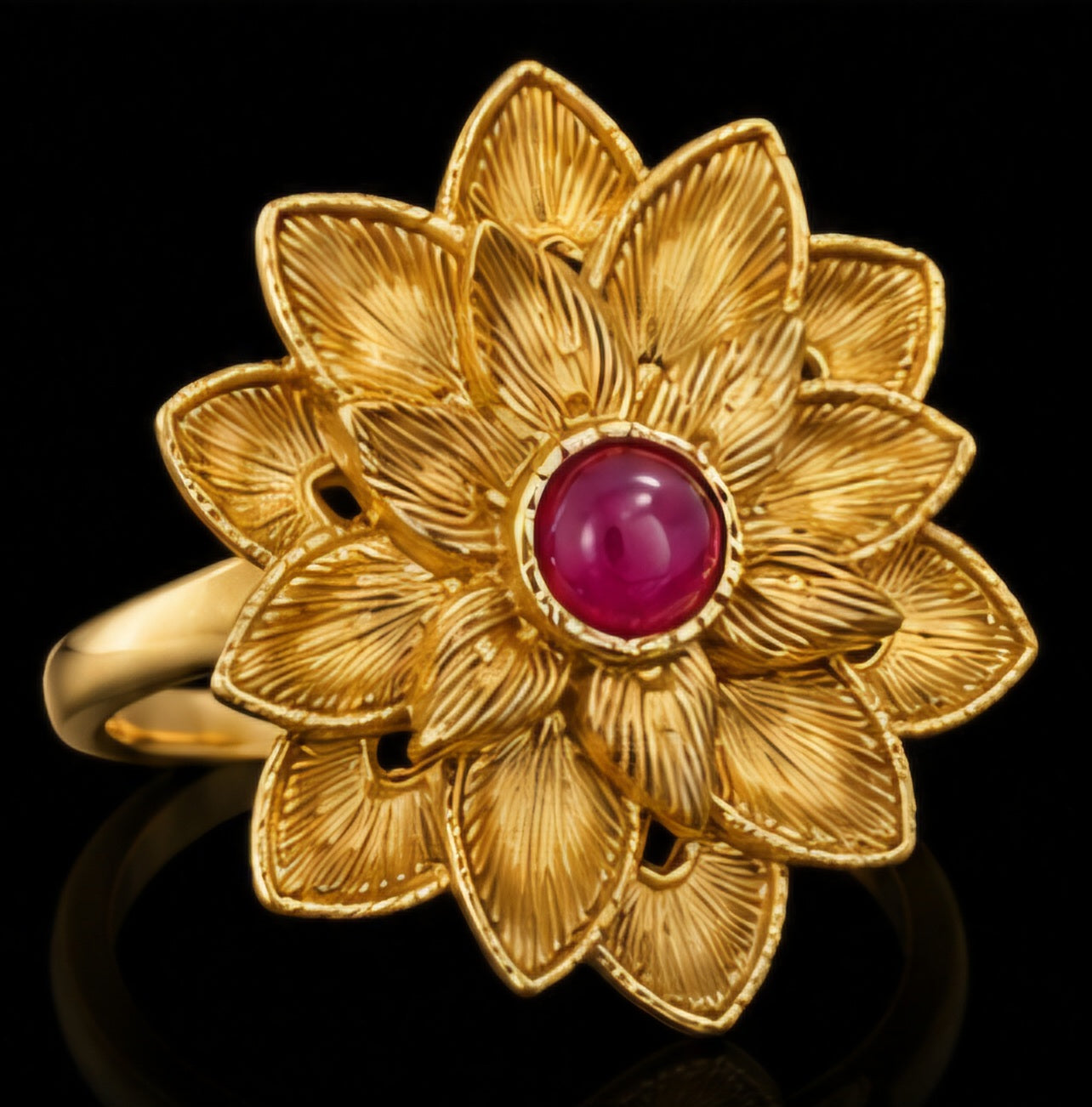 Blooming Lotus Gold Statement Ring with Ruby Cabochon