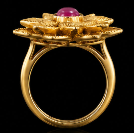 Blooming Lotus Gold Statement Ring with Ruby Cabochon