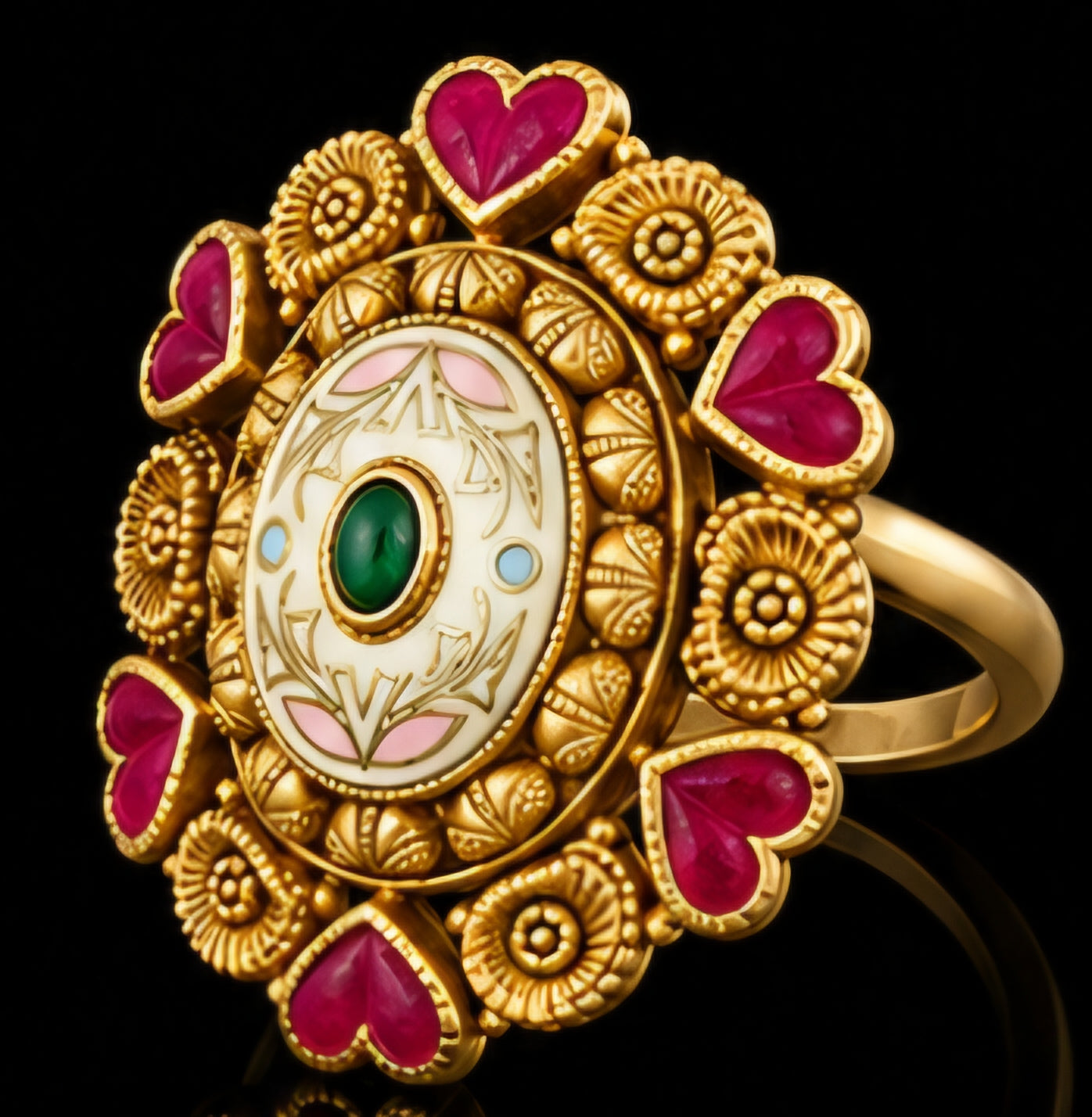 Royal Heart Motif Enamel Gold Statement Ring