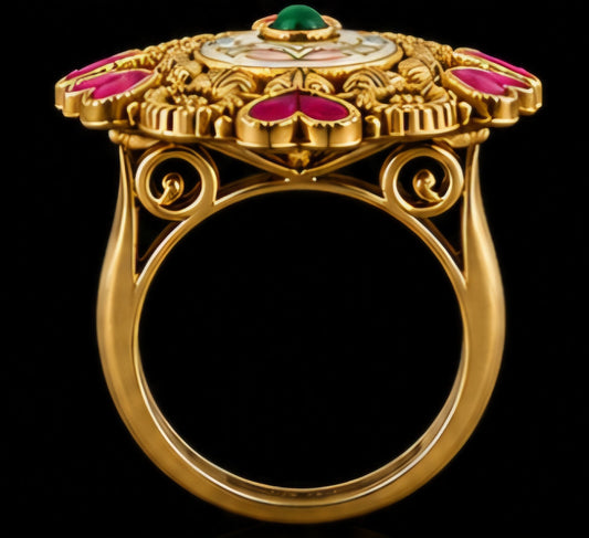 Royal Heart Motif Enamel Gold Statement Ring