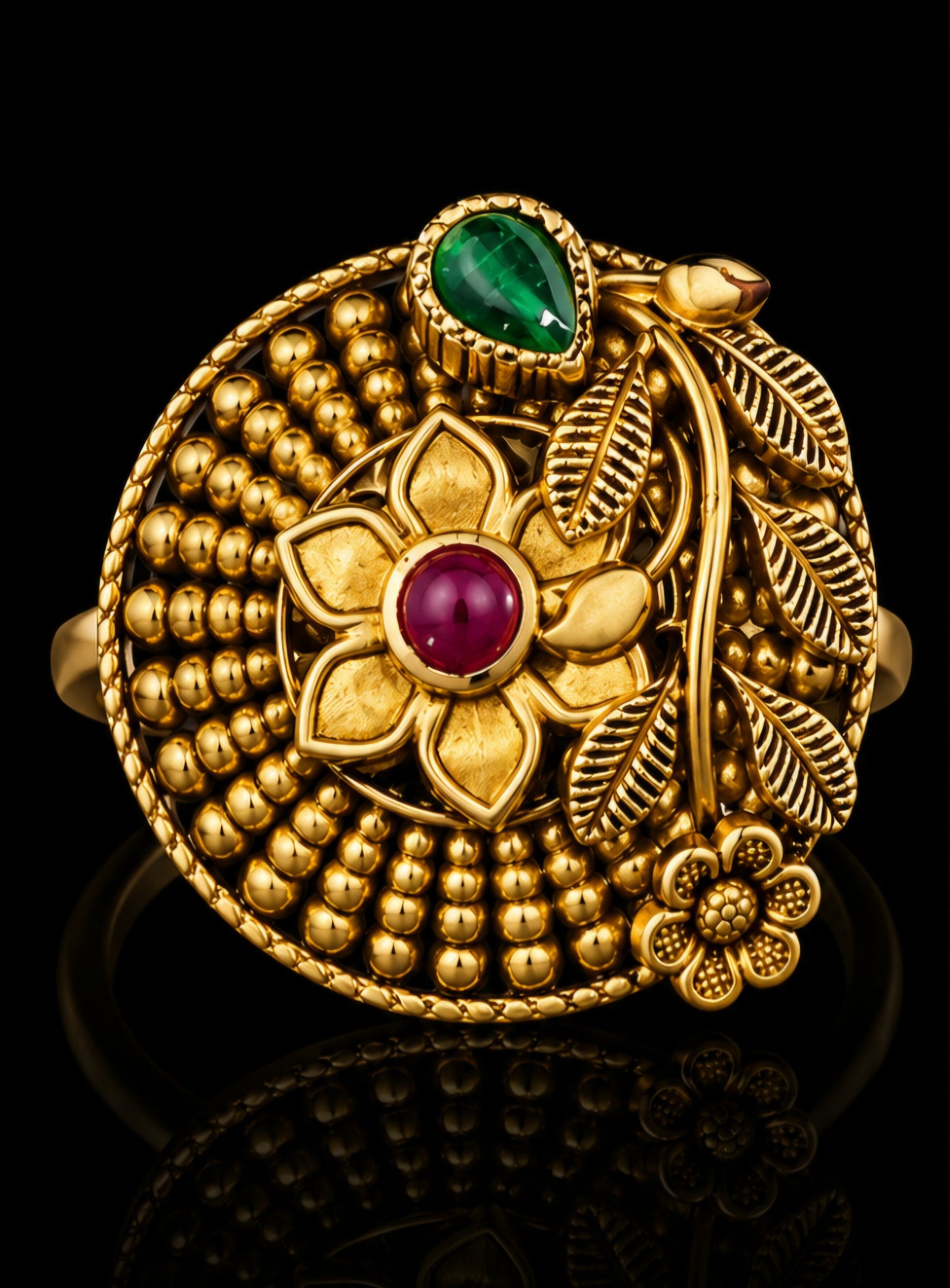 Heritage Floral Navratna Gold Statement Ring