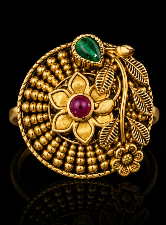 Heritage Floral Navratna Gold Statement Ring