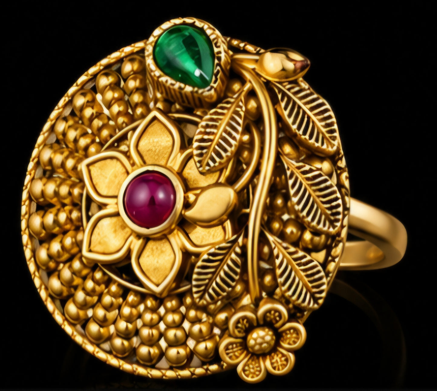 Heritage Floral Navratna Gold Statement Ring