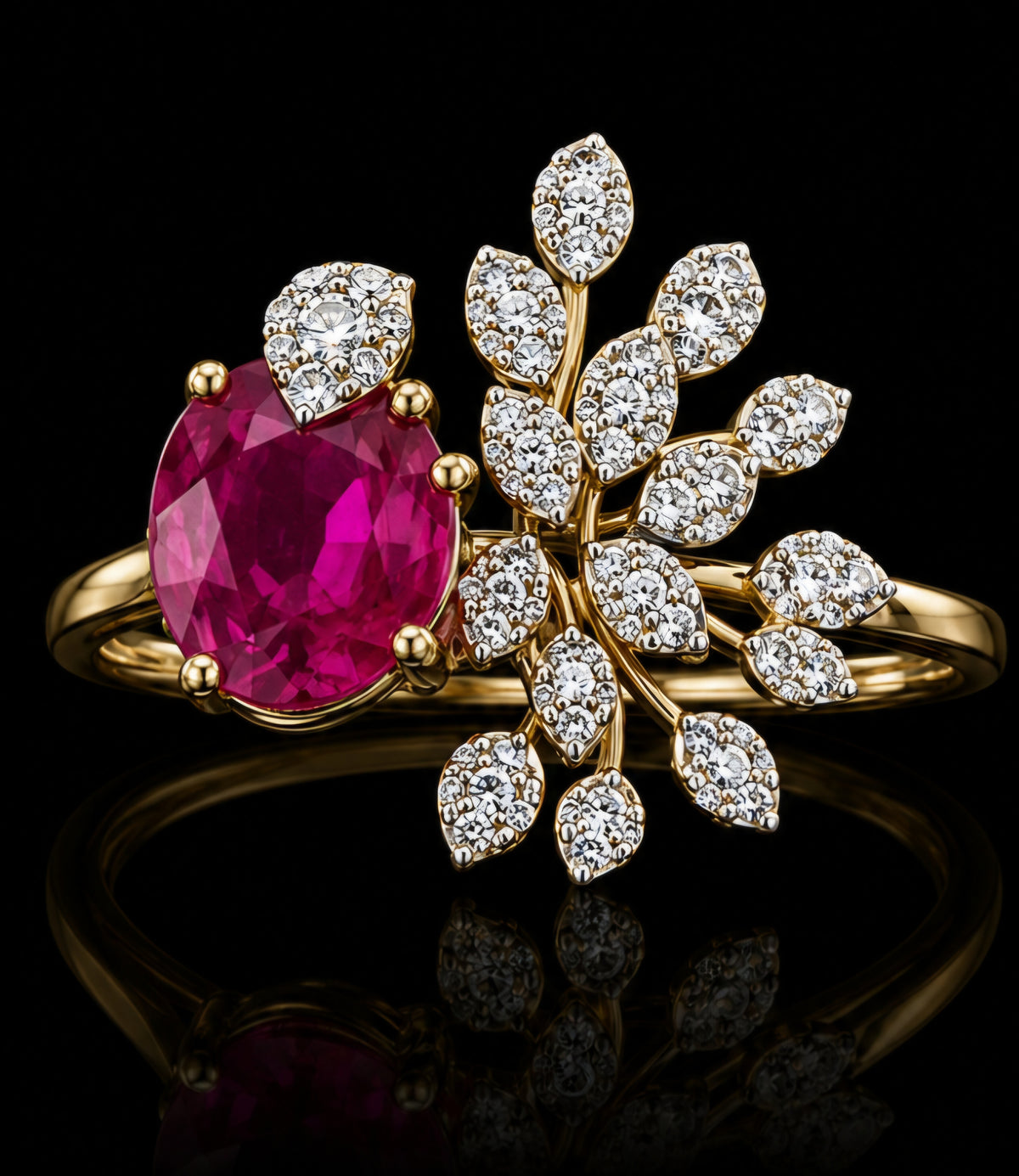 Ruby & Diamond Nature-Inspired Open Ring in Yellow Gold