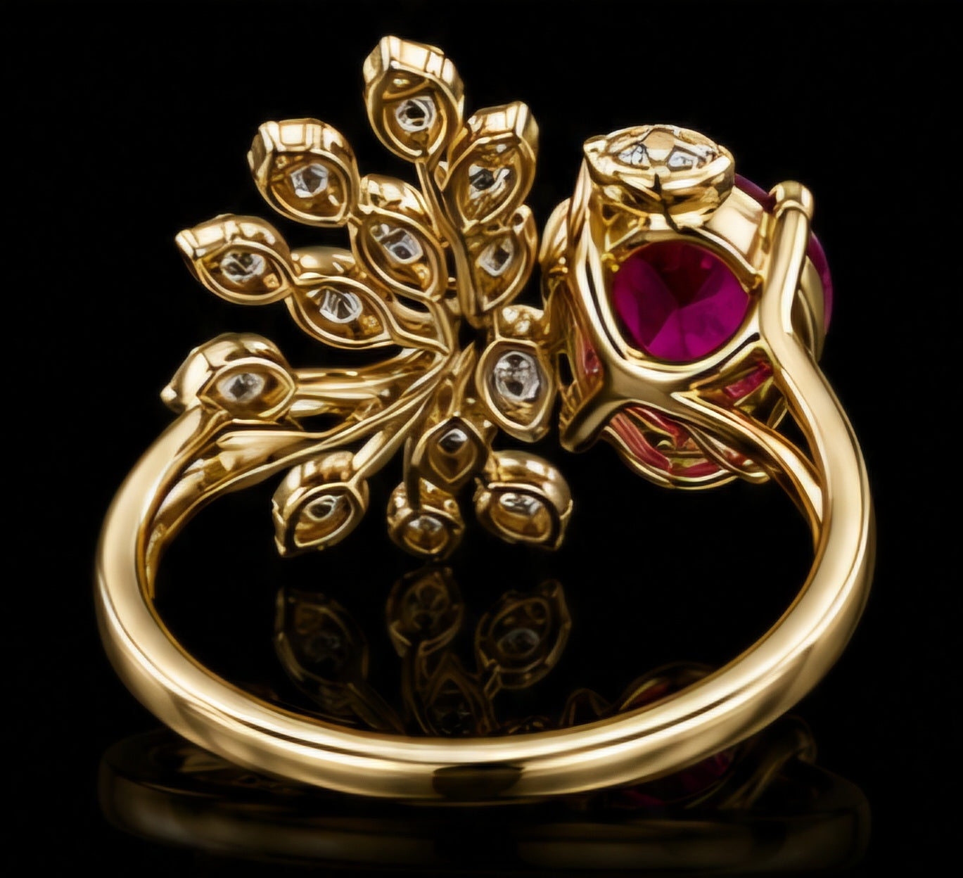Ruby & Diamond Nature-Inspired Open Ring in Yellow Gold