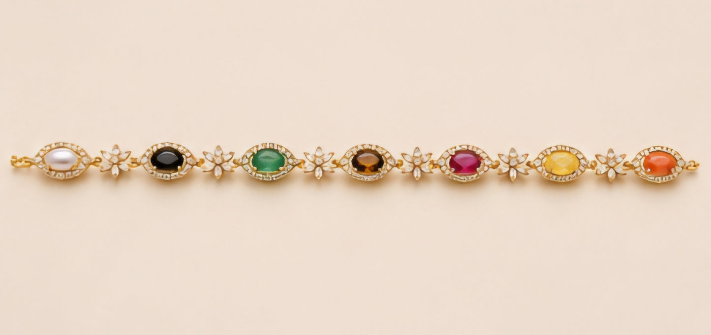 Navratna Floral Gemstone Gold Bracelet