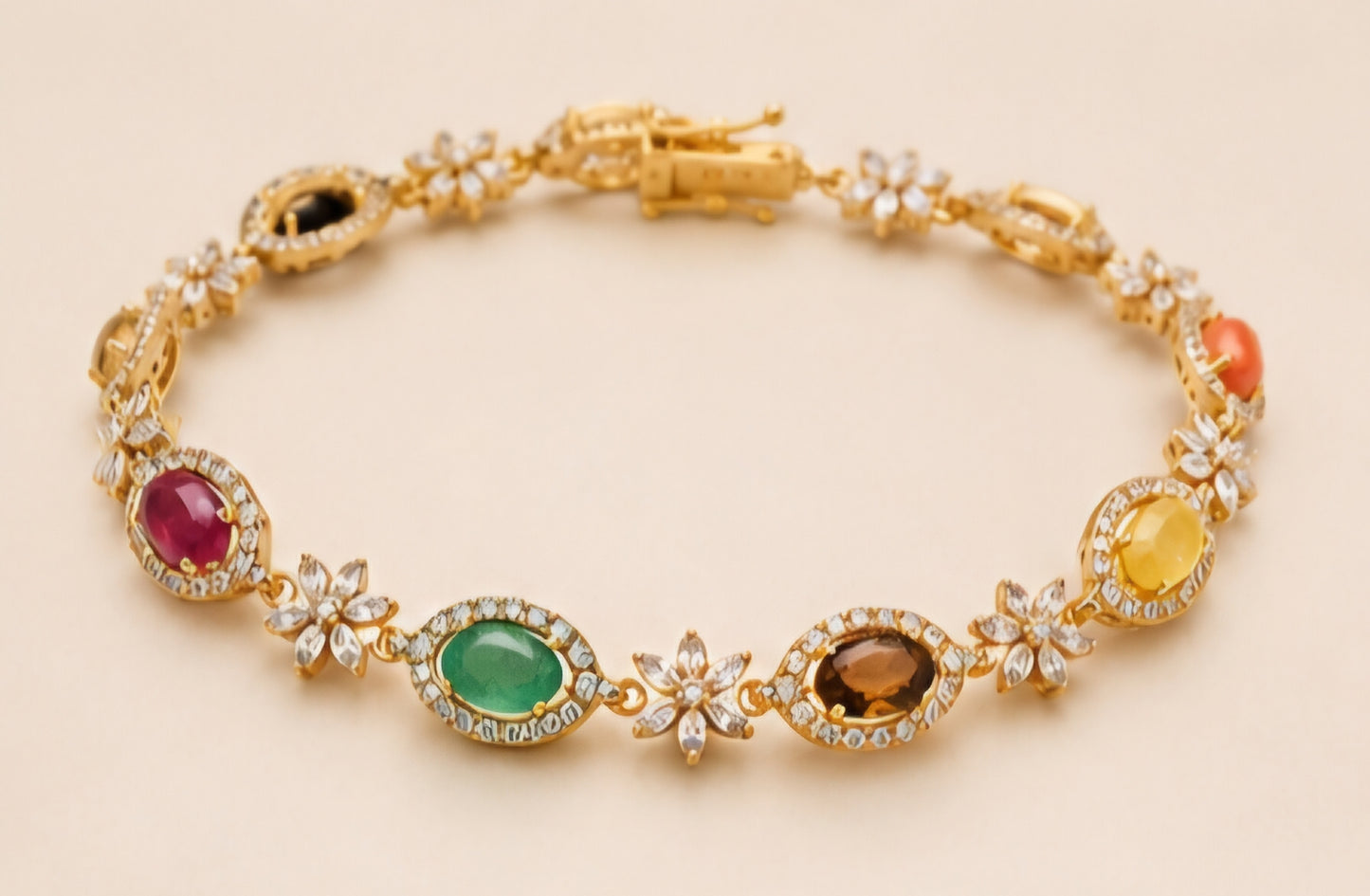 Navratna Floral Gemstone Gold Bracelet